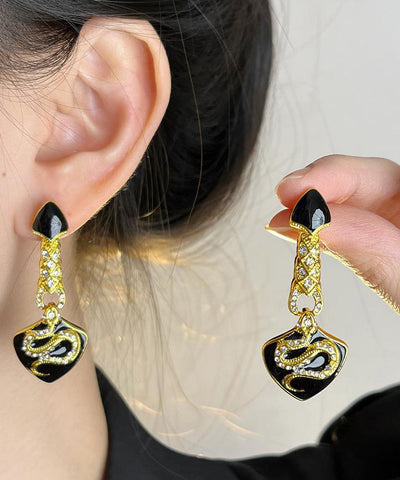 Vintage Schwarze Uraltgold Zirkon Asymmetrische Glasierte Serpentinen Form Tropfen Ohrringe 