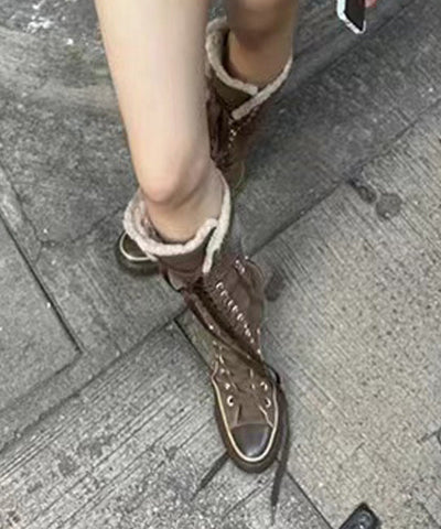 Botas de lona marrón 2024 con cordones y forro de lana afelpada 