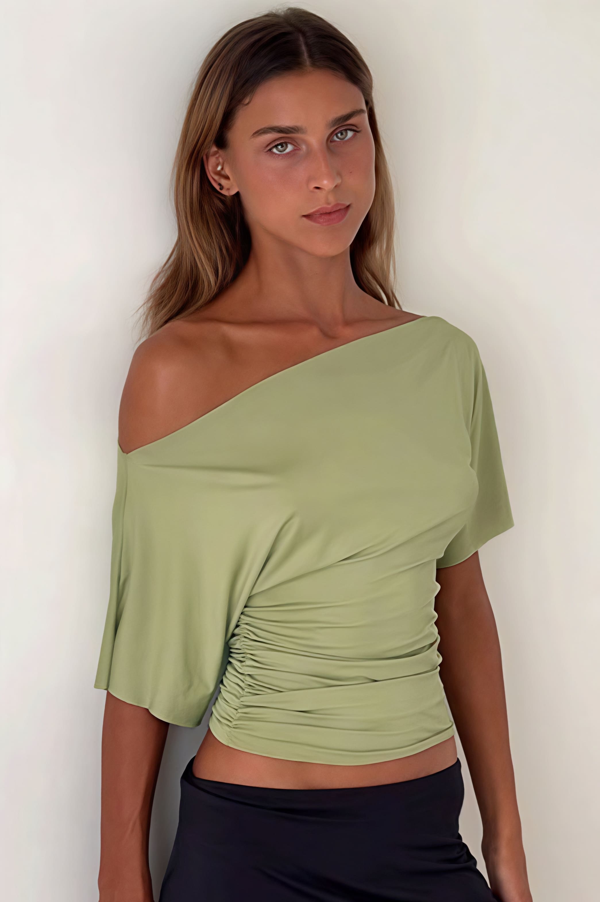 Chic Solid Off Shoulder Shirred Waist T-shirt