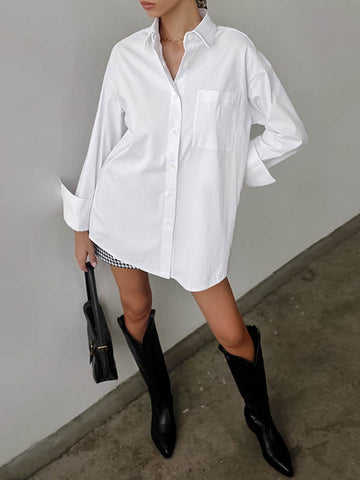 Lange Ärmel, lockere geknöpfte Taschen, einfarbige Reversblusen und Hemden 