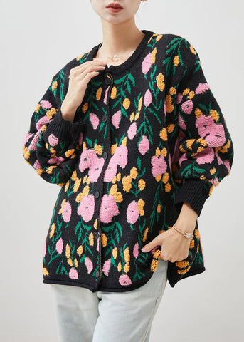 Cárdigan de punto jacquard negro con cuello redondo para invierno 