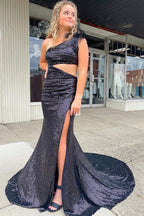 Meerjungfrauen-Abendkleid mit One-Shoulder-Ausschnitt, schwarzen Pailletten, langes Kleid