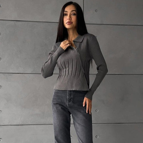 TARUXY White Knitted Cardigan Women Ribbing Turn Collar Zipper Slim Sweater Femme Autumn Winter Fashion Knitwear Cardigans Woman