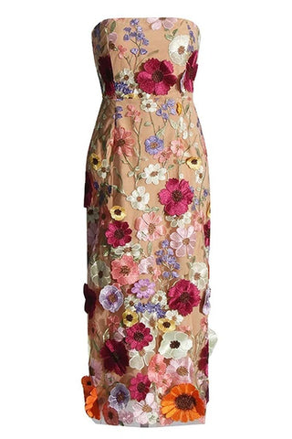 Vestido midi sin tirantes con bordado floral Belle 