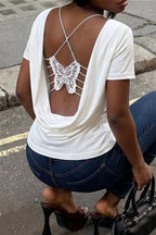 Solid Color Bow Tie Backless T‑shirt