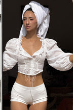 Cotton Hollow Puff Sleeve V Neck Tie Blouse