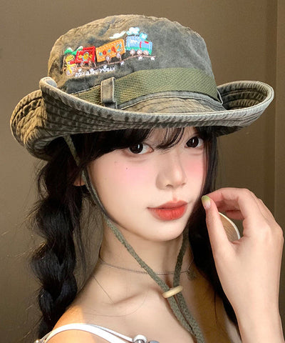 Nuevo sombrero de vaquero retro verde militar bordado con aleros grandes 
