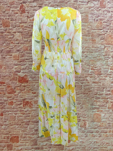 Maxi Dress V-Neck Long Sleeves Bohemian Floral Print Layered Pleated Long Dress