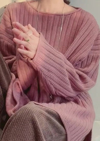 Lässige gemütliche rosa O-Ausschnitt Patchwork gestrickte Tops Frühling 