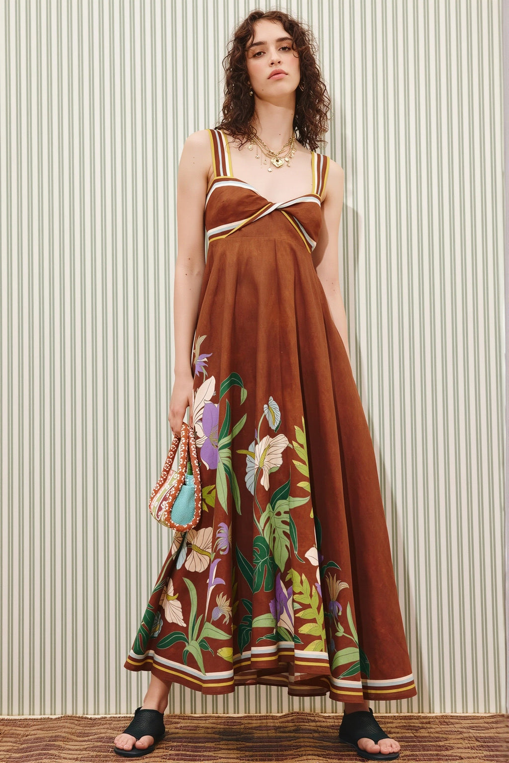 Floral Stripe Long Casual Boho Dress