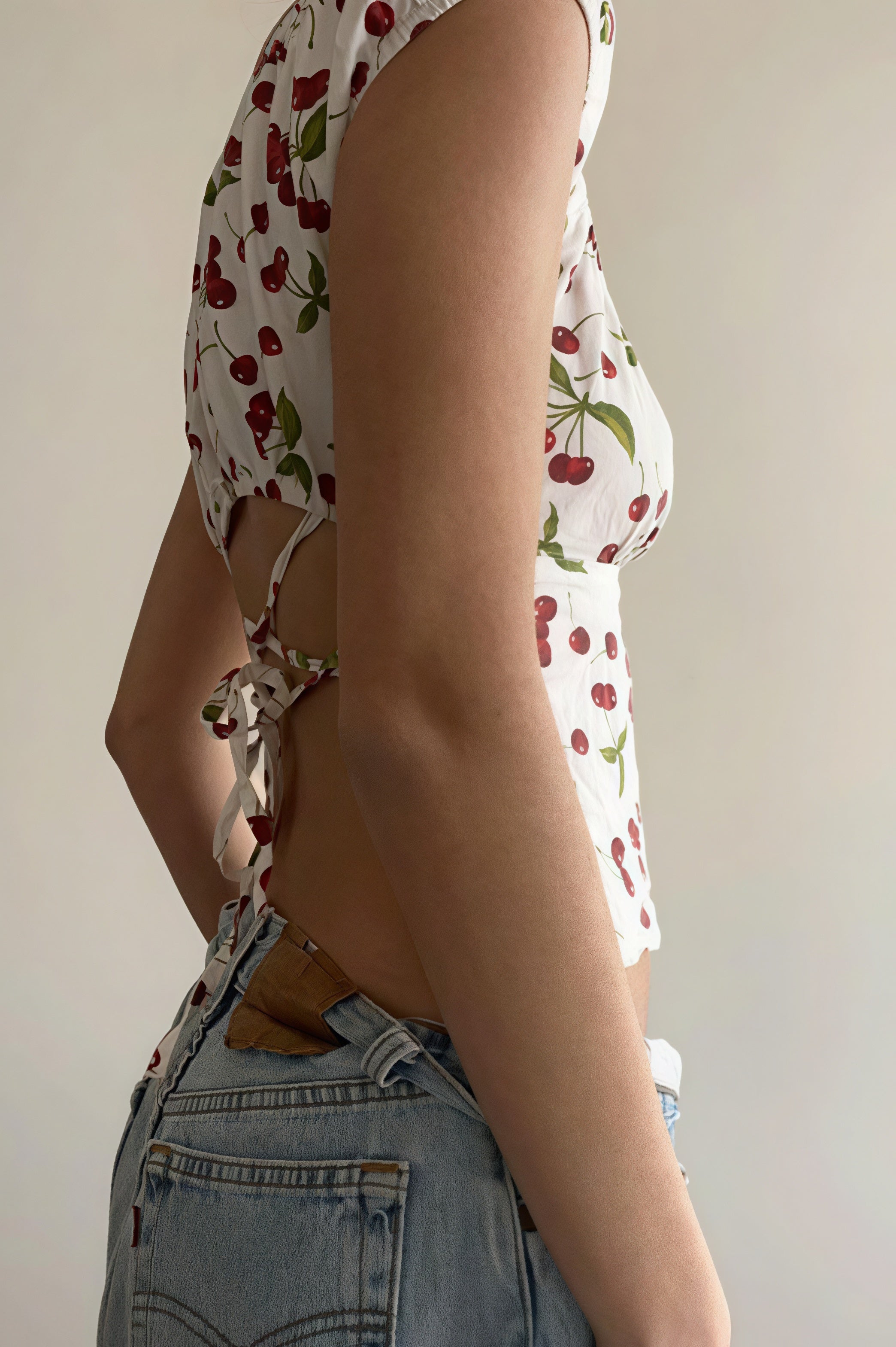 U Neck Flutter Sleeve Back Tie Cropped Blouse