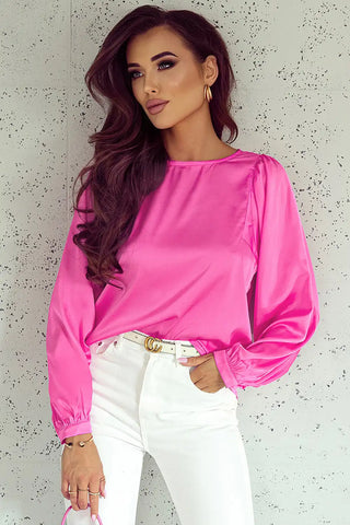 elegant pink satin puff sleeve blouse