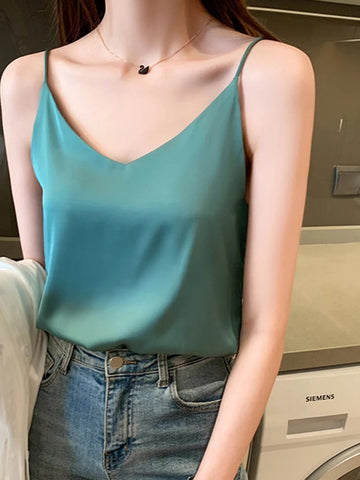 Camisola informal de satén liso con cuello en V sexy para mujer, camisetas sin mangas de gasa, top tipo camisola con cuello halter 