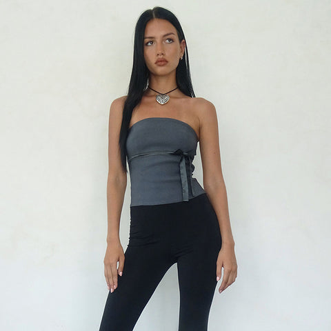 Women 2024 Harajuku Casual Strapless Tank Tops Bowtie Patchwork Skinny Crop Tops Camisole Tee Shirt