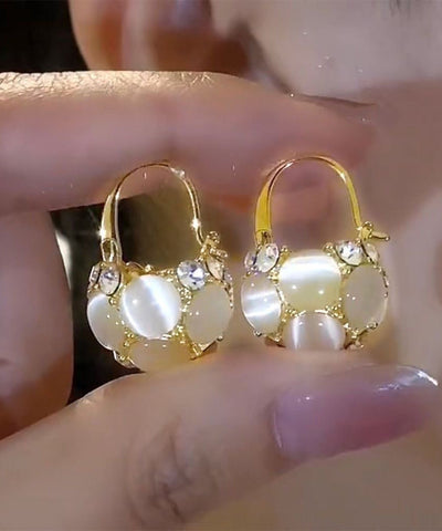 Pendientes de aro con forma de cesta de flores y piedra de ojo de gato sobredorada en plata de ley dorada para mujer 