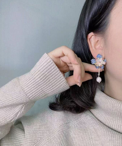 Boho Yellow Copper Pearl Crystal Floral Tassel Drop Earrings