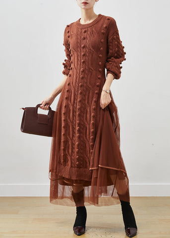 Conjunto de dos piezas de vestido de suéter de punto fino caqui y tul con abertura lateral para invierno 
