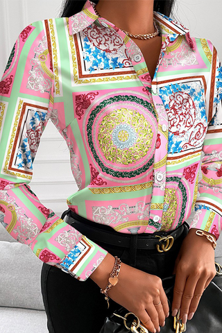 Casual Print Patchwork Turndown Collar Blouses(7 Colors)