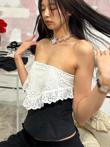 TARUXY Splice Lace Crop Tops Damen Bodycon Sexy Off the Shoulders Ärmelloses Tank Top Damen Club Slim Hollow Out Kleidung 2023 