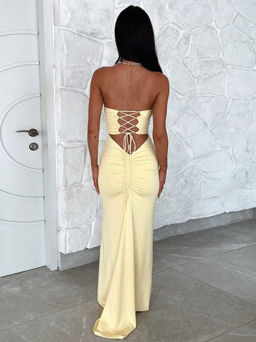 Party Dress Off The Shoulder Lace Up Pleated Sexy Maxi Dress