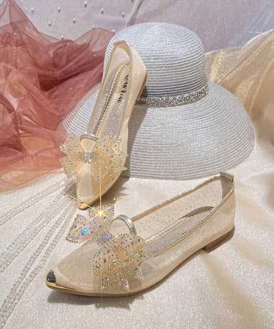 New Gold Breathable Bow Zircon Tulle Pointed Flat Shoes