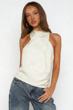 Elegant Hollow Solid Satin Halter Top