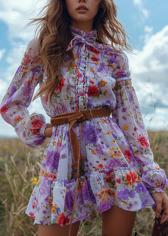 Bohemian Pastoral Style Floral Rüschen Patchwork Minikleid Langarm 