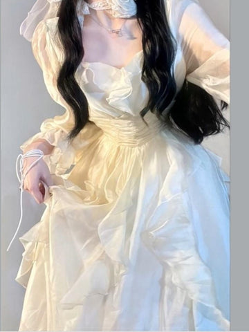 Elegante vestido de hada con volantes lisos, moda coreana, vestido midi ajustado de cintura A, vestido de fiesta de princesa para primavera y verano para mujer. 
