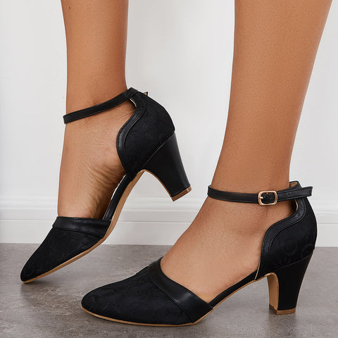 Closed Toe Block Heel Lace Satin Pumps Ankle Strap Wedding Shoes