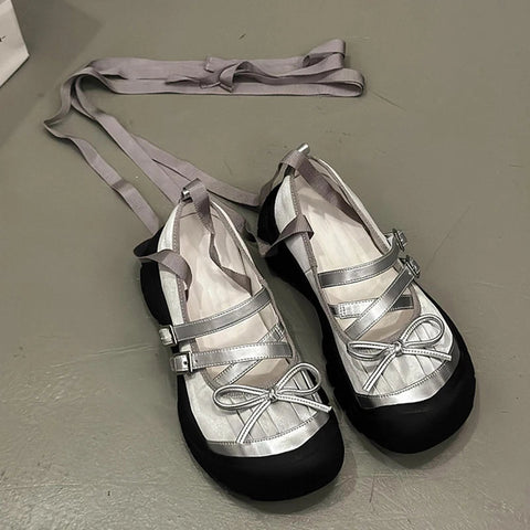 Flats Bow Ballet Dance Shoes Women Rome Shallow Sandals 2024 Autumn Designer New Platform Shoes Fashion Lace Up Female Chaussure