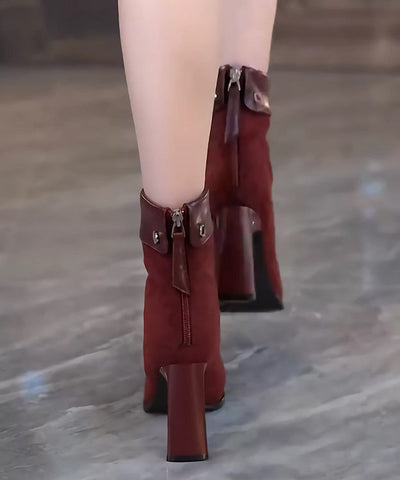 Botas de ante de morera con tacón grueso y punta puntiaguda 