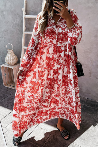 Vestido largo de manga larga con cuello en V y estampado floral 