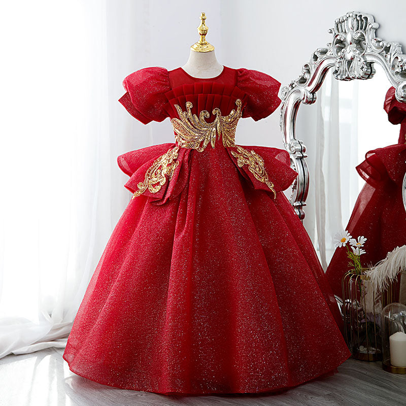 Mädchen-Weihnachtskleid, Baby-Kommunionskleid, luxuriöses rotes besticktes Prinzessinnenkleid für Hochzeiten und Partys 