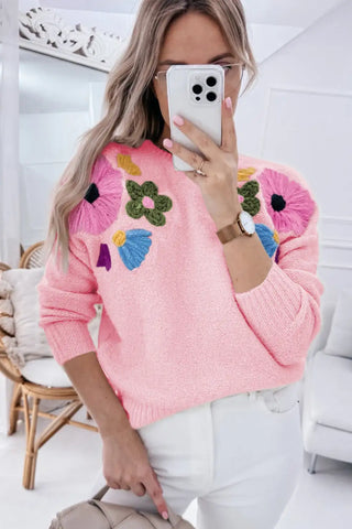 charming pink knitted floral sweater
