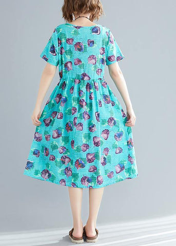 Armarios empotrados con cuello en O y patchwork, vestido de verano de corte A, con estampado de lino azul, para hacer tú mismo. 