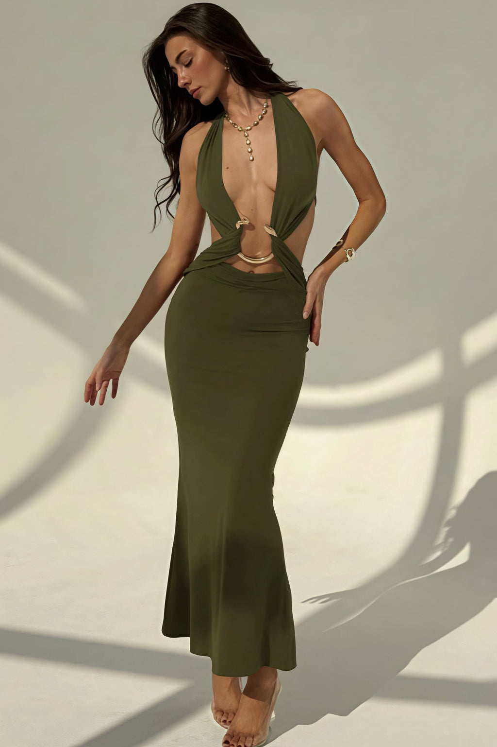 Sexy Halter Deep V Neck Backless Metal Maxi Dress