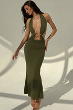 Sexy Halter Deep V Neck Backless Metal Maxi Dress