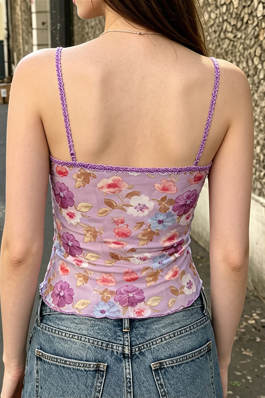 V Neck Lace Floral Tie Cami Top