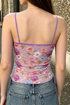 V Neck Lace Floral Tie Cami Top