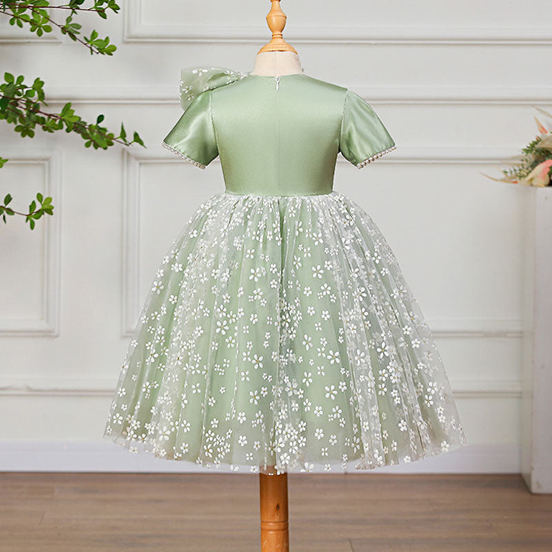 Vestido de fiesta para niña pequeña con estampado de lazo de malla y lazo para fiesta de cumpleaños y comunión 
