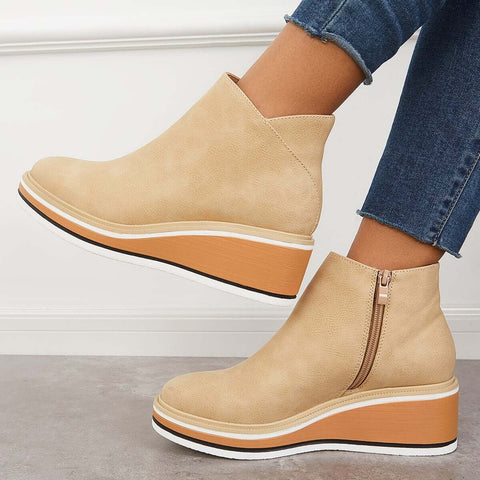 Casual Wedge Sneakers Side Zipper Platform Wedge Ankle Boots