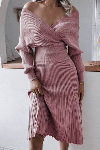 Vestido midi de dos piezas con hombros descubiertos y tejido de canalé de lúrex metalizado - Rosa polvoriento 