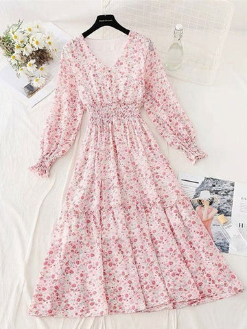 Classic Floral Ruffle Chiffon Dress-Pink