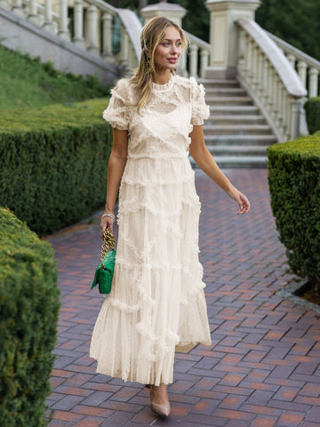 Ruffles Dress Illusion Neckline Ruffles Layered Tulle Maxi Dresses