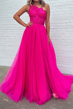 A-Linien-Abendkleid in Fuchsia mit One-Shoulder-Schulter und Korsett-Design sowie Schlitz vorne