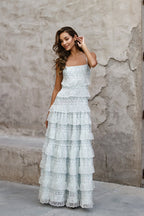 Sexy Lace Trim Print Tiered Ruffle Hem Cami Maxi Dress