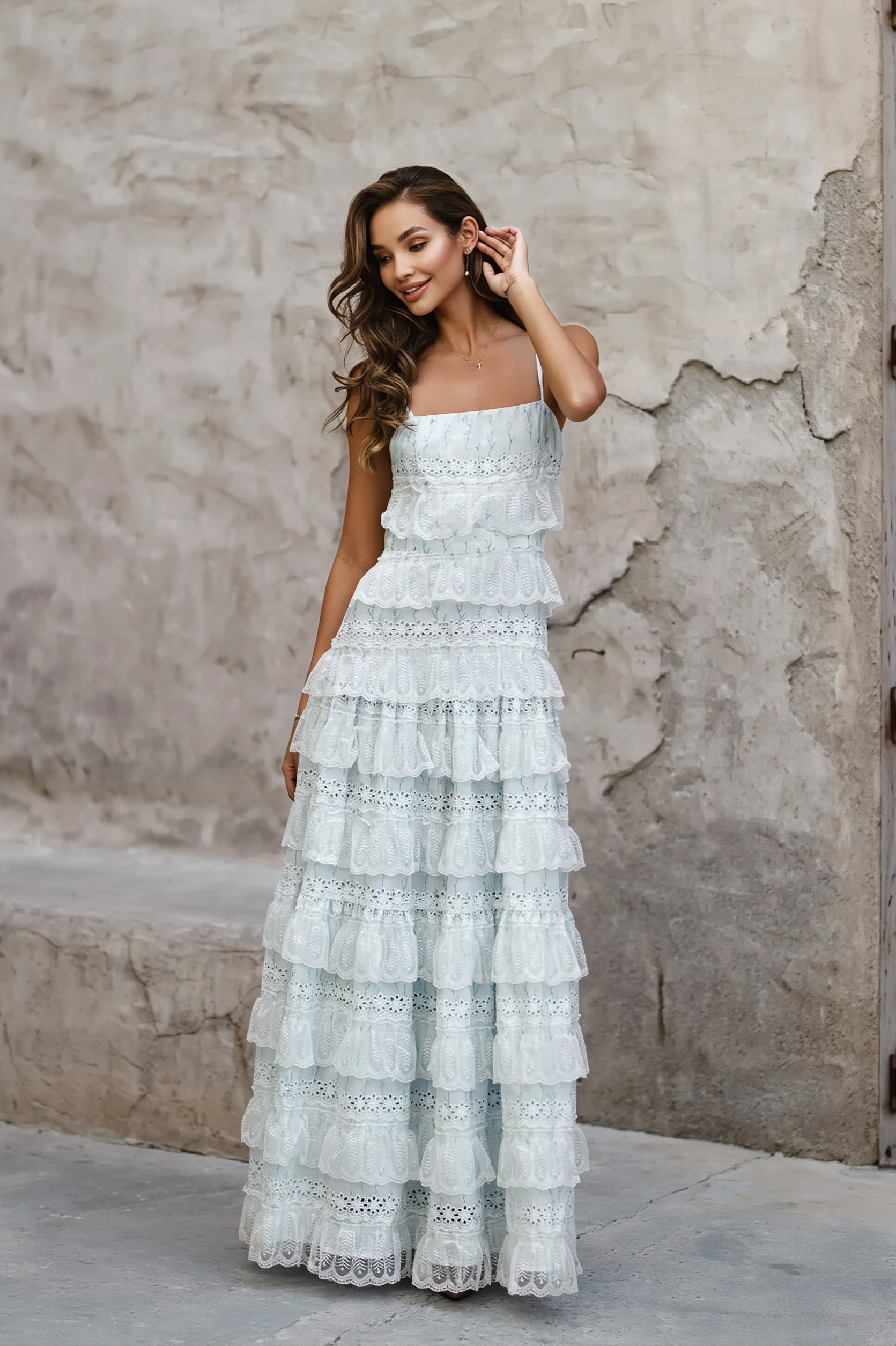 Sexy Lace Trim Print Tiered Ruffle Hem Cami Maxi Dress