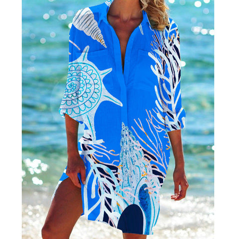 Bikini Coat Swimsuit Cardigan Women's Printed Holiday Beach Shirt