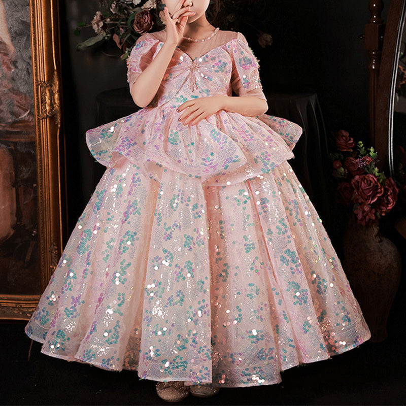 Blumenmädchenkleid, Kinderkommunionskleid, rosa Pailletten, bauschiges Prinzessinnenkleid 