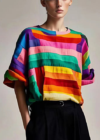 Camiseta de tirantes ajustada de algodón con patchwork y rayas multicolor para verano 